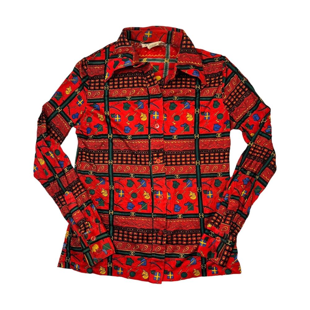Vintage 50s AOP Mixed Print Button Up Collared Long Sleeve Blouse Red Womens 8